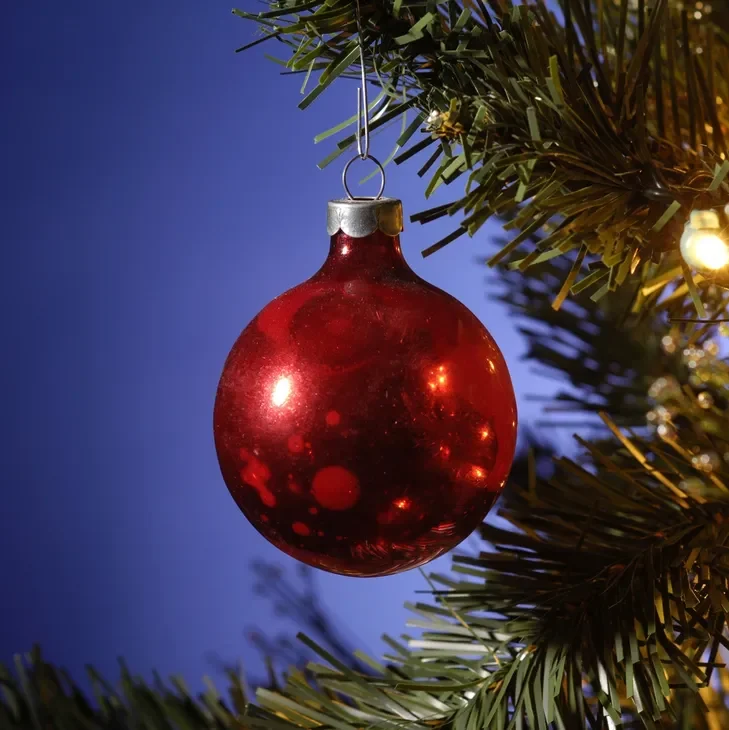 Red ornament hanging on Christmas tree branch.